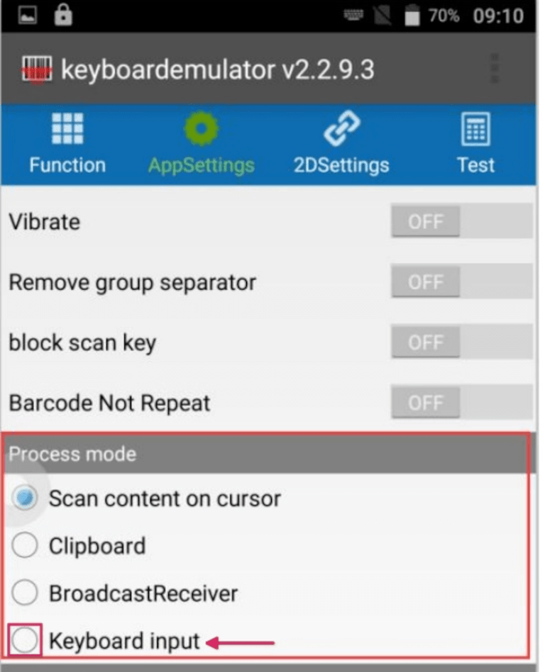 Sekce Process mode na stránce AppSettings skeneru MUNBYN.