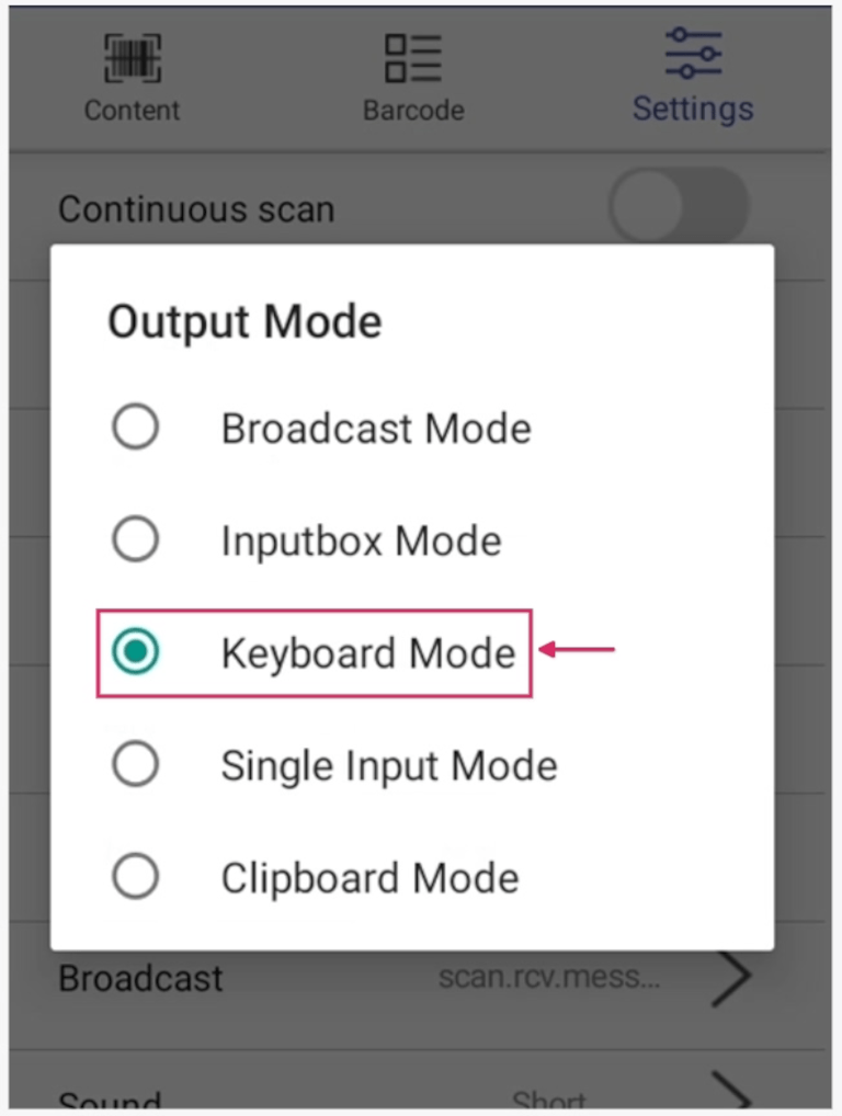 Vyskakovací okno Output mode na skeneru MUNBYN.