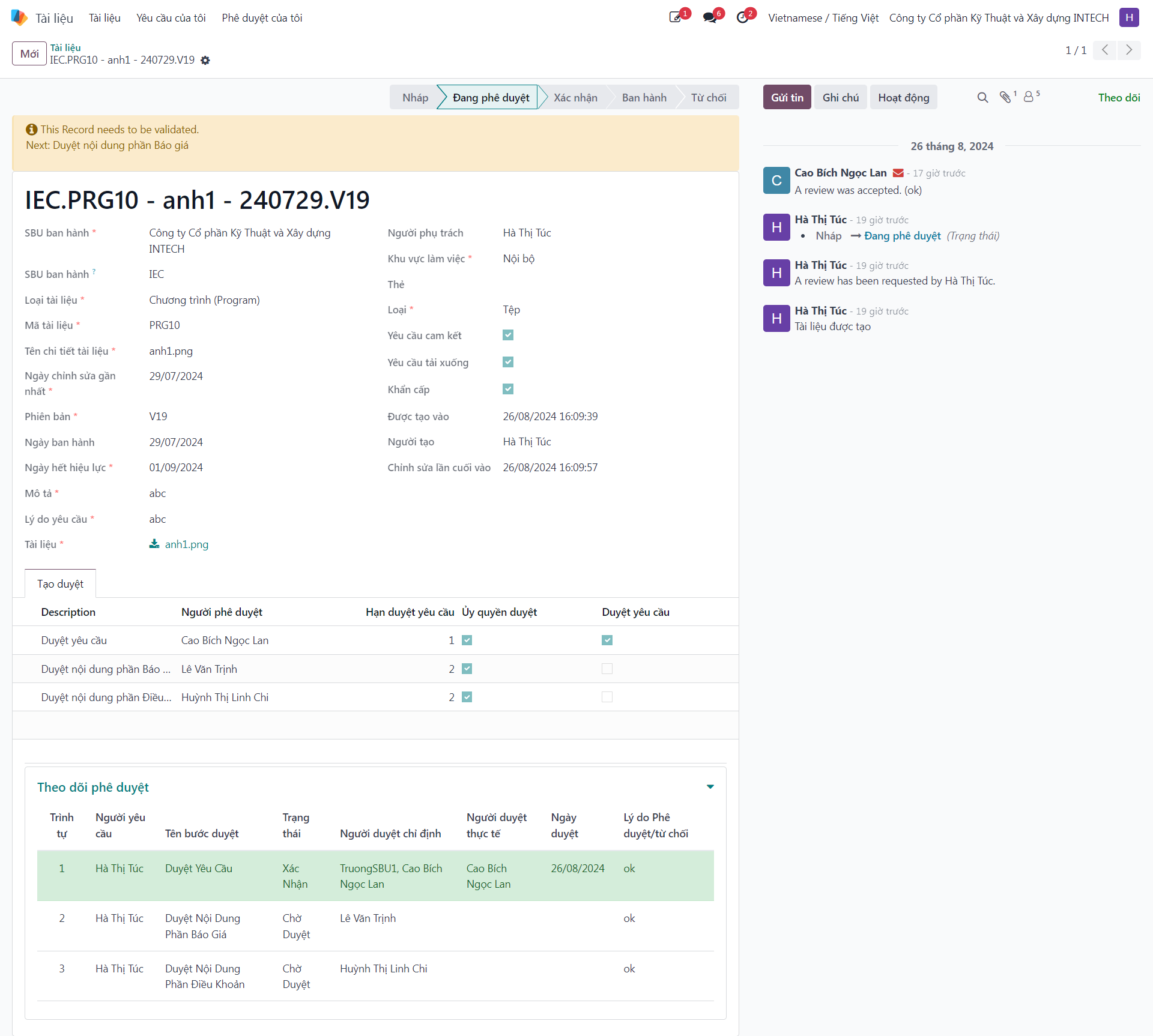 Document detail view displaying metadata and approval tracking timeline