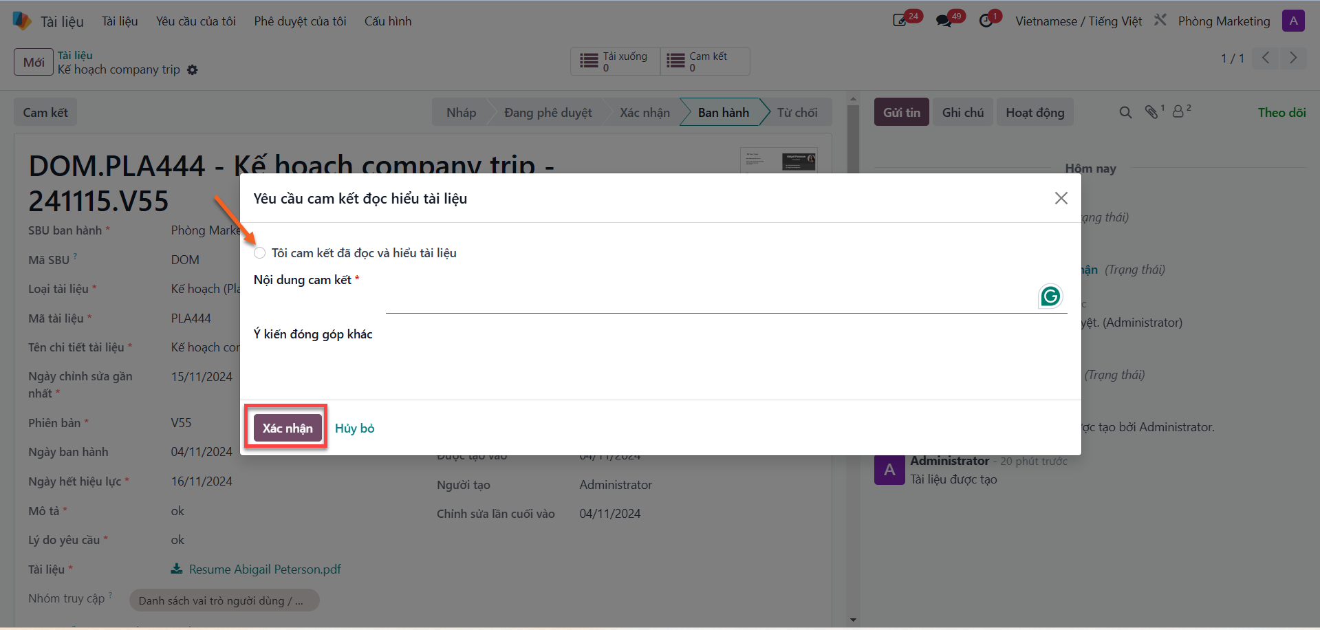 Filling commitment form, checking confirmation box, and clicking confirm