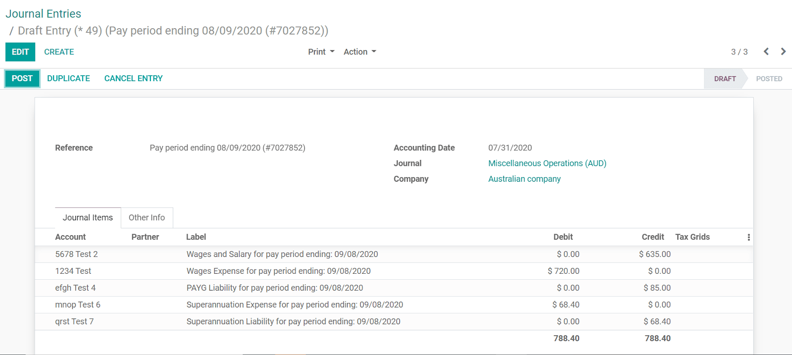 Ví dụ về záznam deníku Employment Hero v Odoo Accounting (Austrálie)