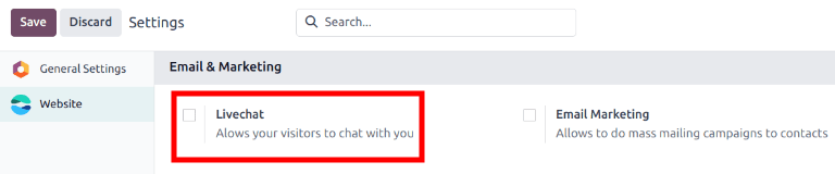 Hiển thị trang cài đặt và tính năng trò chuyện trực tiếp cho Odoo Live Chat.