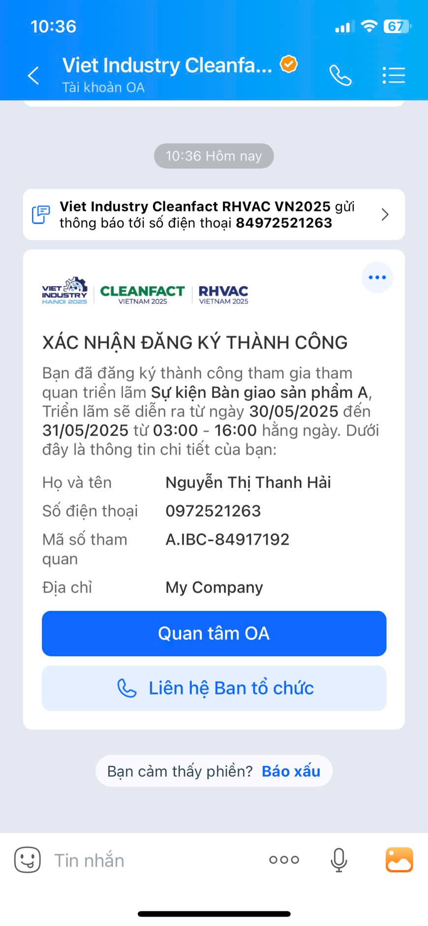 Thông báo xác nhận đăng ký thành công trên Zalo