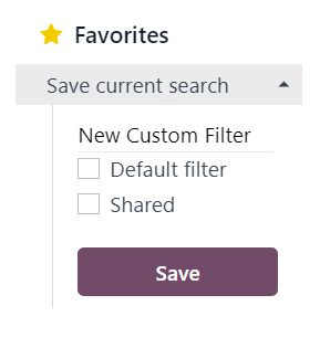 Giao diện menu thả xuống Yêu thích trên ứng dụng Tiếp thị Email Odoo.