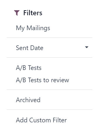 Chế độ xem các tùy chọn menu thả xuống bộ lọc trên bảng điều khiển Odoo Email Marketing.