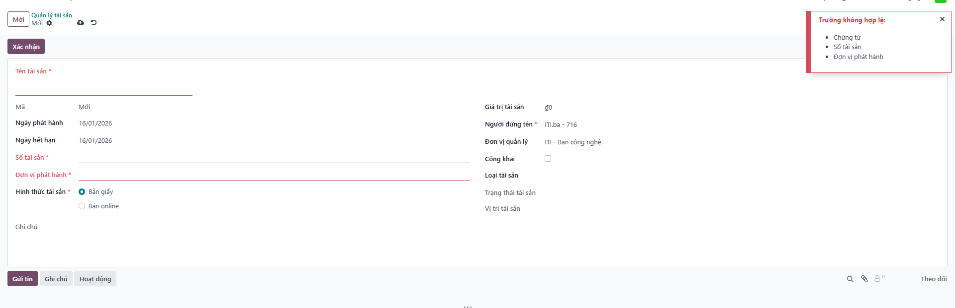 Opening new asset registration form