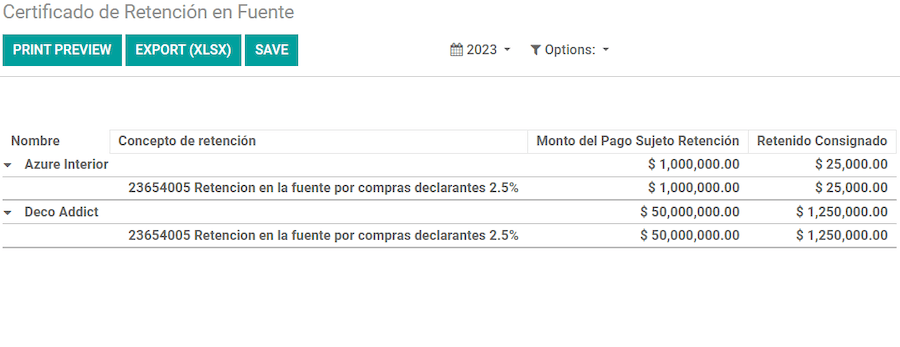 Báo cáo Certificado de Retención en Fuente trong Odoo Kế toán.