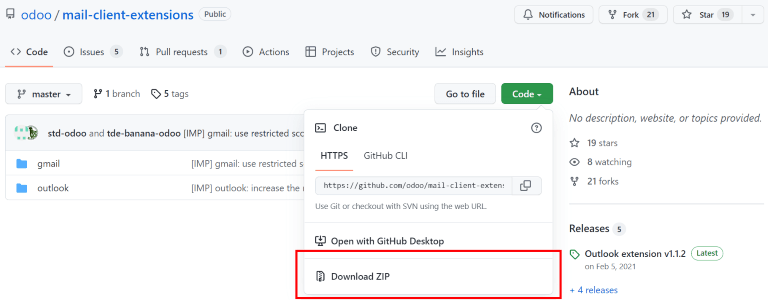 Tải tệp ZIP từ kho GitHub của Odoo cho Mail Plugins.