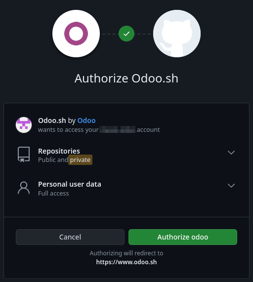Cấp quyền cho Odoo.sh thực hiện các hành động và truy cập dữ liệu trên GitHub