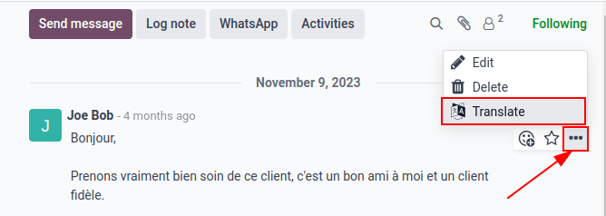 Google Translate hiển thị trong bảng trò chuyện của cơ sở dữ liệu Odoo.