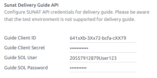 Ví dụ về cấu hình phần SUNAT Delivery Guide API.