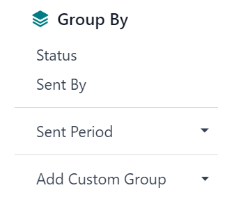 Giao diện menu thả xuống Nhóm theo trên ứng dụng Tiếp thị Email Odoo.