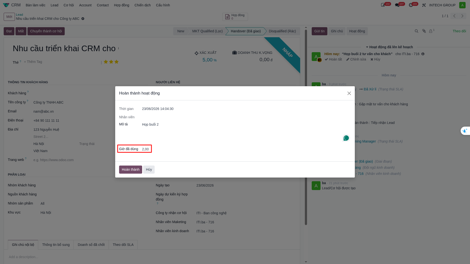Popup hoàn thành hoạt động và nhập số giờ tư vấn khách hàng