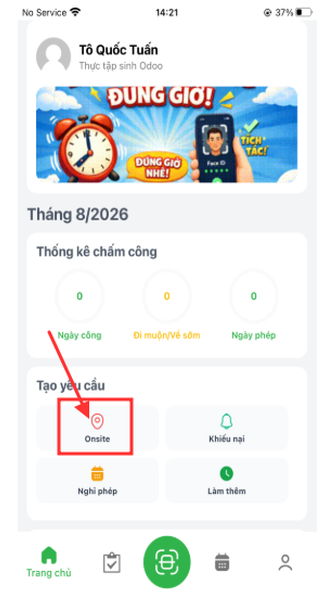 Tùy chọn tạo đơn Onsite trong menu tạo yêu cầu