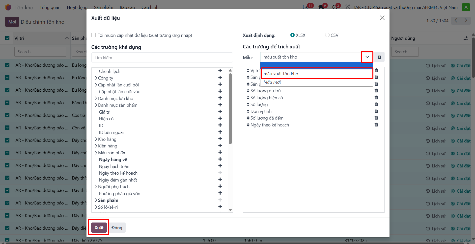 File Excel dữ liệu tồn kho được tải về
