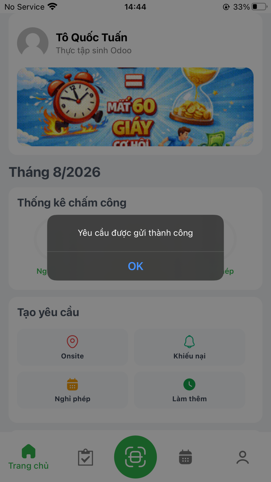Xác nhận gửi đơn yêu cầu chấm công Onsite thành công
