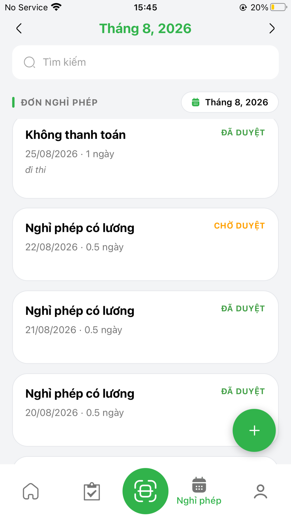 Danh sách theo dõi đơn xin nghỉ phép và trạng thái phê duyệt