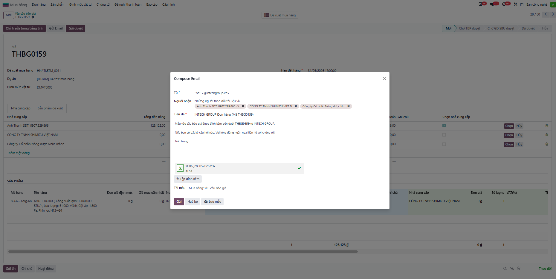 Khung soạn thảo email gửi nhà cung cấp và file đính kèm