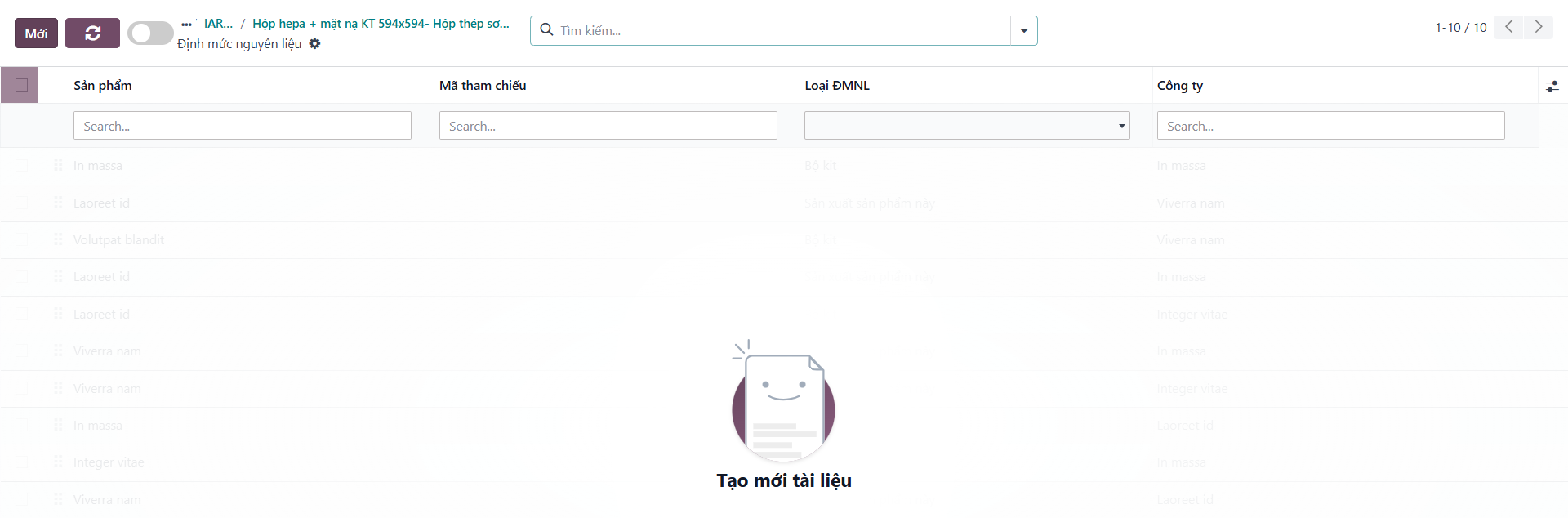 Smart button Định mức nguyên liệu trên form sản phẩm
