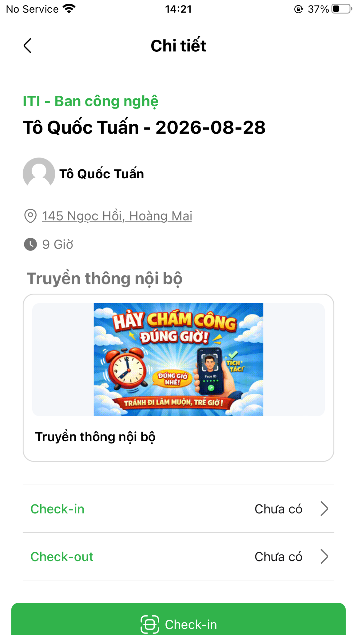 Nút Check-in thao tác chấm công trên màn hình di động