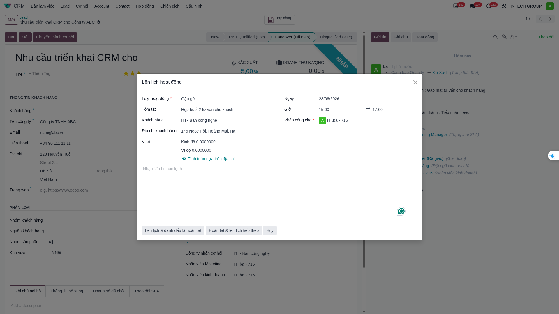 Giao diện lên lịch hẹn gặp khách hàng và cơ chế tự động tạo đơn Onsite