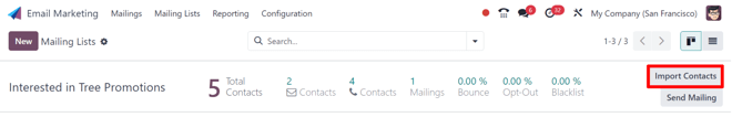 Nút nhập liên hệ của một dòng danh sách gửi thư trong Odoo Email Marketing.