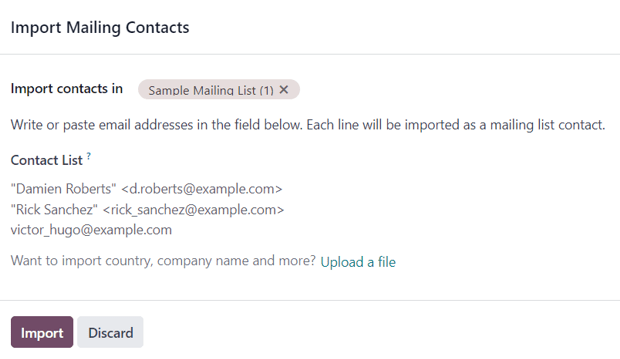 Biểu mẫu bật lên nhập liên hệ gửi thư xuất hiện trong Odoo Email Marketing.