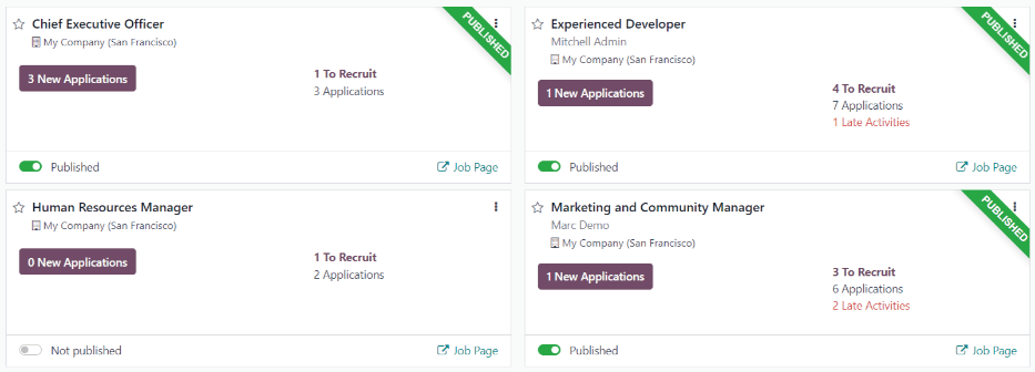 Chế độ xem bảng điều khiển chính của ứng dụng Recruitment hiển thị tất cả các vị trí công việc.