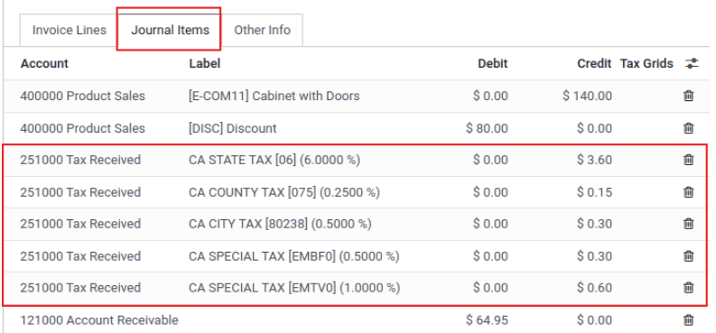 Các bút toán được đánh dấu trên hóa đơn trong Odoo.