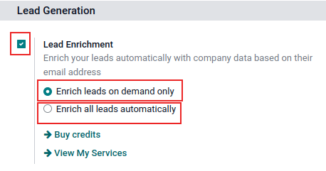 Trang cài đặt tạo lead trong CRM, với chức năng làm giàu lead được bật và tùy chọn Chỉ làm giàu lead khi yêu cầu được chọn.