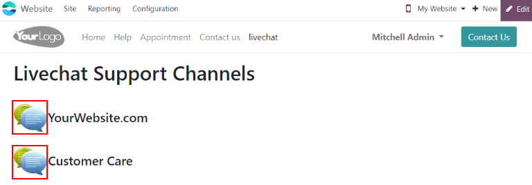Xem trang web dành cho đánh giá Live Chat nhấn mạnh biểu tượng kênh.