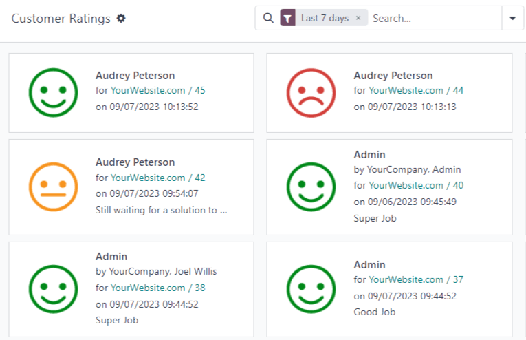 Xem báo cáo đánh giá của khách hàng trong Odoo Live Chat.