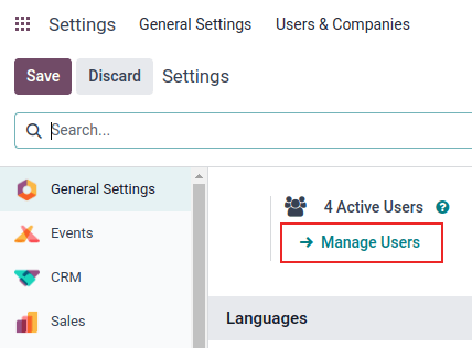 Giao diện trang cài đặt nhấn mạnh trường manage users trong Odoo.