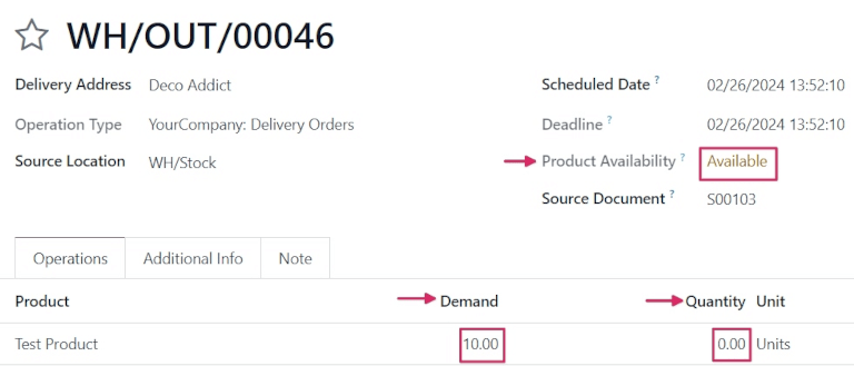 Biểu mẫu đơn giao hàng với khả dụng của sản phẩm và số lượng đã đặt trước.