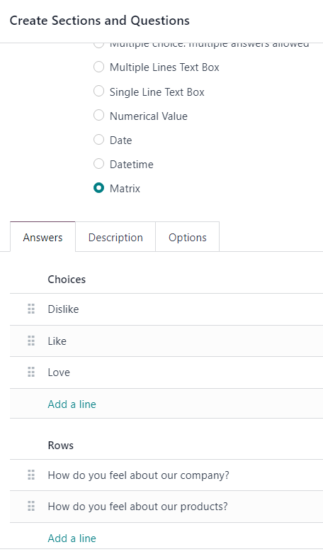 Tab câu trả lời với loại câu hỏi ma trận được chọn trong Odoo Surveys.