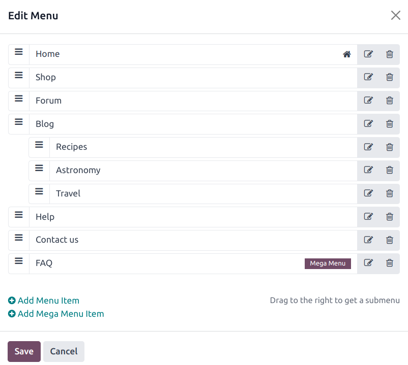 Trình chỉnh sửa menu với các menu con