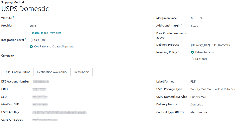 The USPS Domestic shipping method, fully configured.