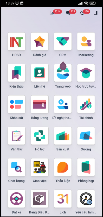 Giao diện ứng dụng Intech ERP trên điện thoại sau khi đăng nhập thành công