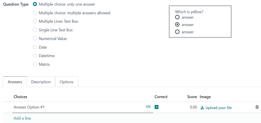 Tab câu trả lời với tùy chọn câu trả lời trắc nghiệm được chọn trong Odoo Surveys.