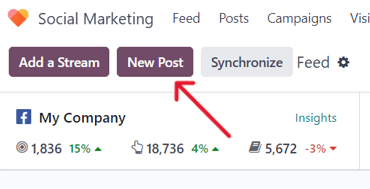 Nút Bài đăng mới trên Bảng điều khiển chính của ứng dụng Odoo Marketing trên Mạng xã hội.