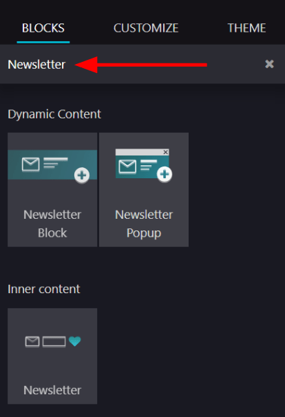 Hiển thị cách tìm kiếm nhanh các khối Newsletter trong ứng dụng Odoo Website.