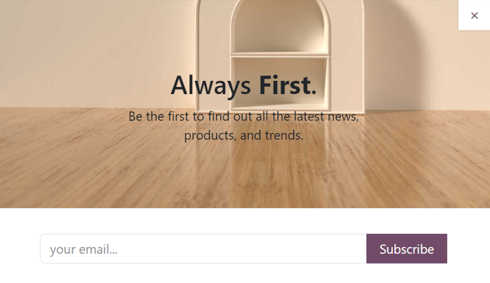 Mẫu về cách một khối popup newsletter xuất hiện trên Odoo Website.