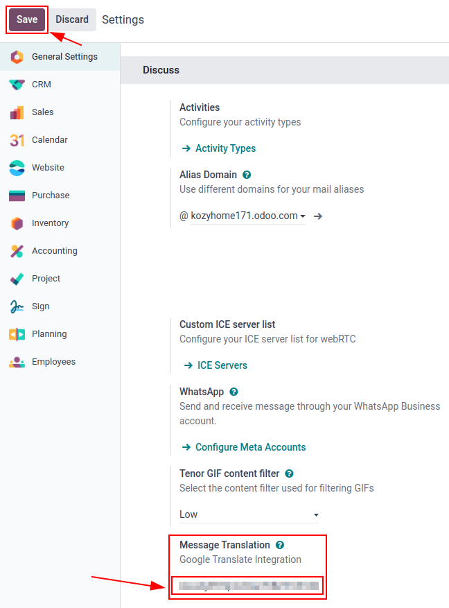 Cấu hình Odoo cho khoá API từ *Bảng điều khiển API của Google*.