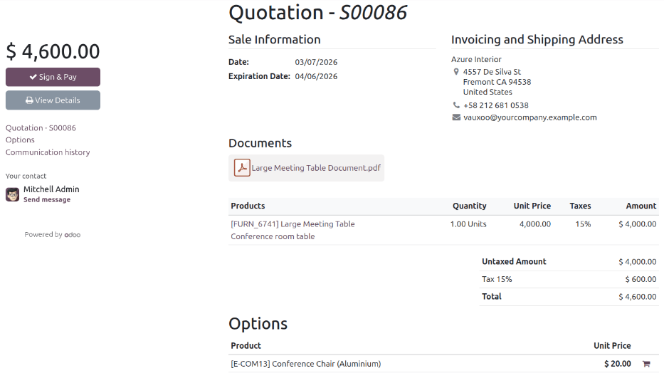 The Options section within a quotation preview.