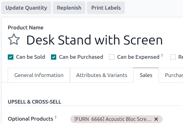 The optional products section as it appears in product forms in Odoo Sales.
