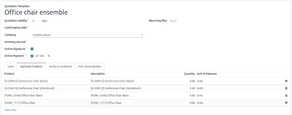 The Optional Products section in a quotation template in Odoo Sales.