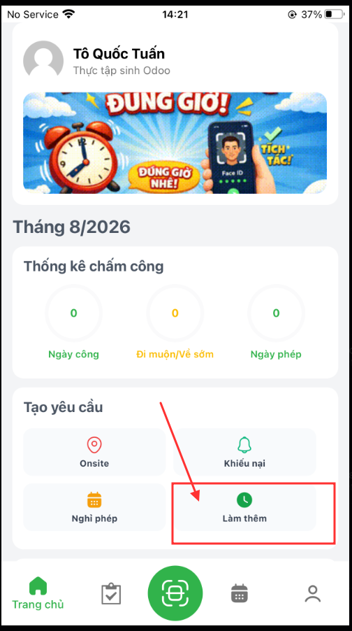 Tùy chọn đăng ký làm thêm giờ trong menu tạo yêu cầu
