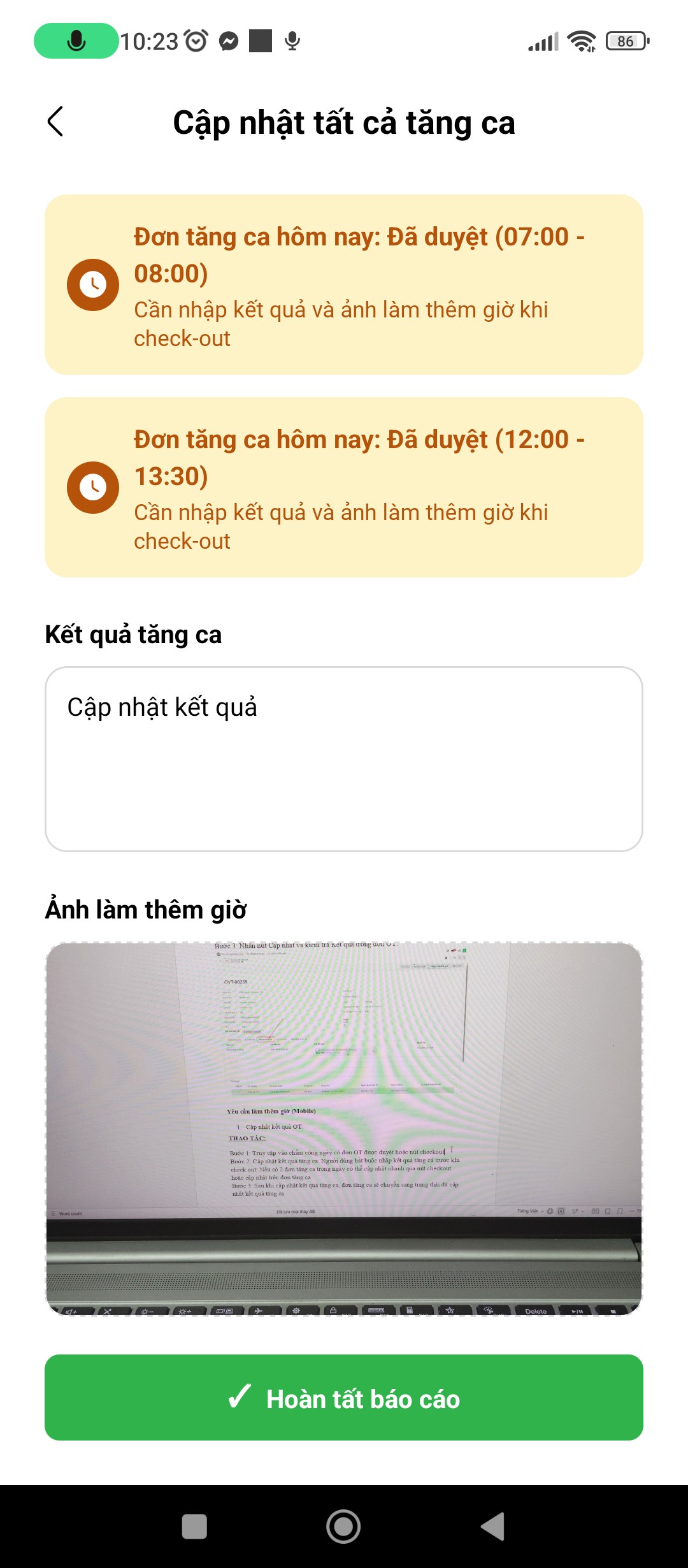 Giao diện cập nhật kết quả tăng ca bắt buộc kèm ảnh trên Mobile
