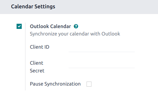 Cài đặt "Lịch Outlook" được kích hoạt trong Odoo.
