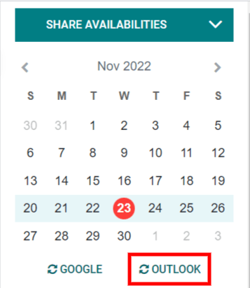 Nút đồng bộ "Outlook" trong Lịch Odoo.